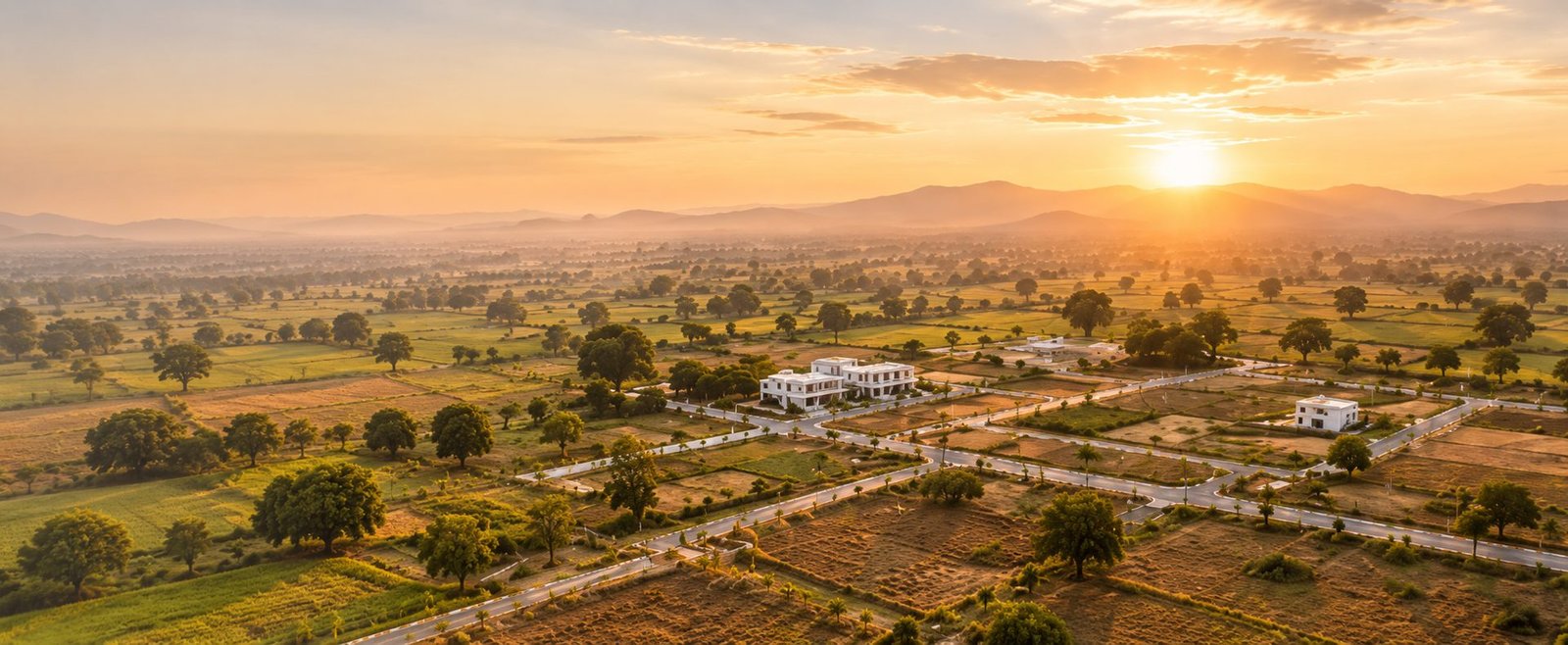 Golden sunrise over farmland and planned residential plots in Maharashtra